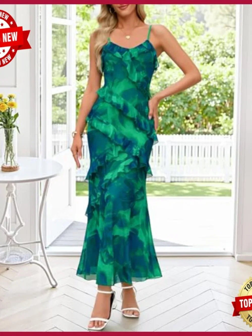 Floral Maxi Dress Formal Bodycon Spaghetti Strap Ruffle Cocktail Wedding Guest - Picture 3 of 7